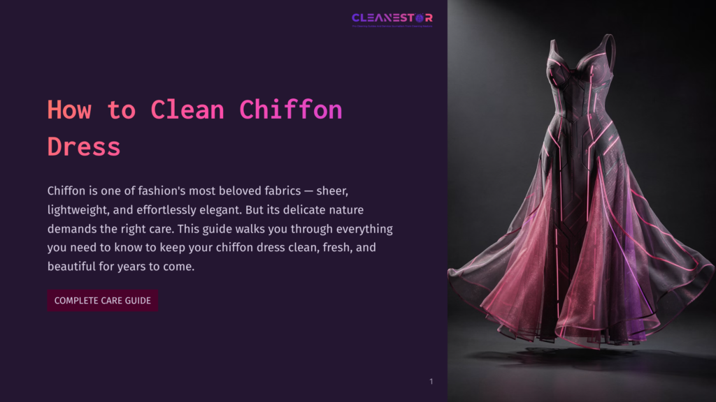 A Dark, Artistic Chiffon Dress With Pink Accents Is Displayed Against A Dark Background, With The Text &Quot;How To Clean Chiffon Dress&Quot; Prominently Featured On The Left.
