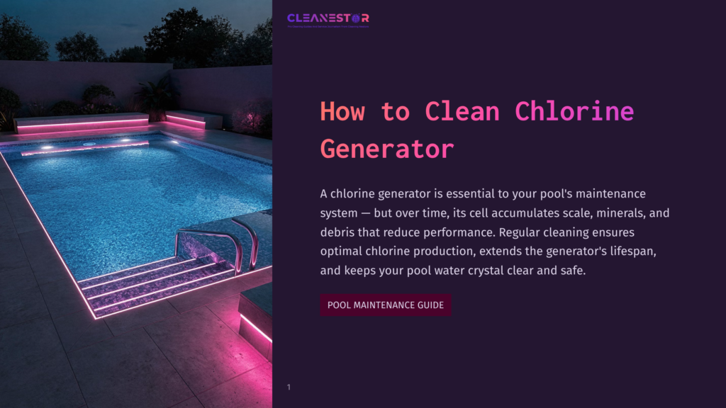 A Modern Swimming Pool Glows With Vibrant Pink And Blue Led Lights At Dusk, Featuring A Clean Chlorine Generator System And A &Quot;Cleanestor&Quot; Logo. The Pool Has Integrated Steps And Is Surrounded By A Tiled Patio And Lush Greenery.