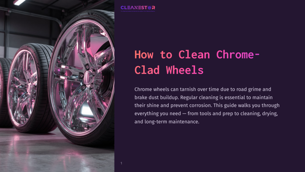 Close-Up Of Shiny Chrome-Clad Wheels On A Car, Reflecting Light And Showing The &Quot;Accurea&Quot; Tire Brand. The Text &Quot;Cleanestor&Quot; And &Quot;How To Clean Chrome-Clad Wheels&Quot; Is Visible.