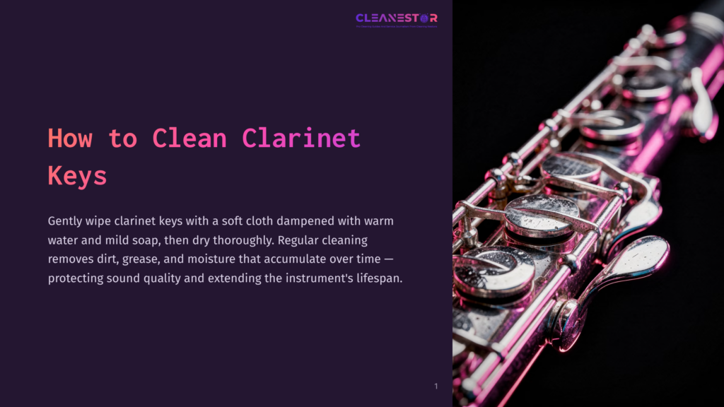 Close-Up Of Shiny, Wet Clarinet Keys With Pink And Purple Lighting. &Quot;Cleanestor&Quot; Logo And &Quot;How To Clean Clarinet Keys&Quot; Text Are Visible.