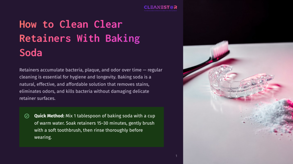 A Clear Retainer Sits Next To A Toothbrush And Baking Soda On A White Surface, With Text Overlay About Cleaning Retainers With Baking Soda.