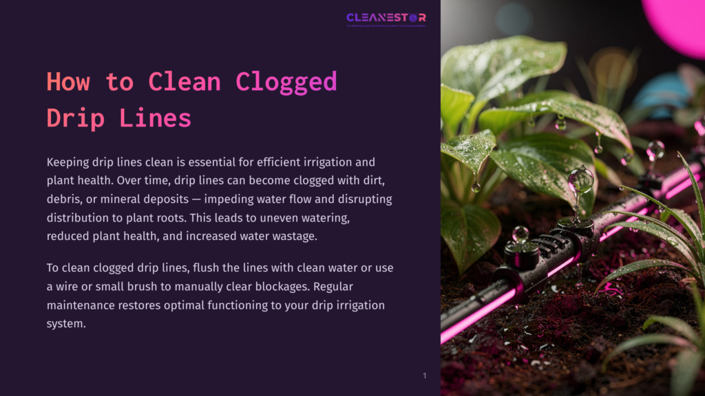 Close-Up Of A Cleanstar Drip Irrigation System With Pink Lighting, Watering Lush Green Plants With Water Droplets On Leaves, Set Against Dark Soil.
