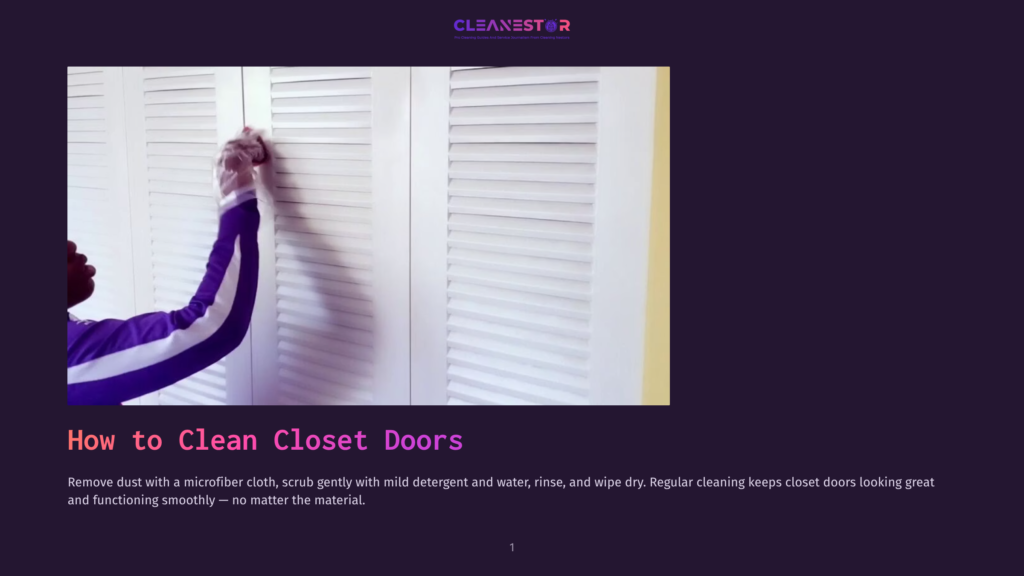 A Person In A Purple Sweatshirt With White Stripes Cleans A White Louvered Closet Door With A Microfiber Cloth. The Cleanestor Logo Is Visible At The Top.
