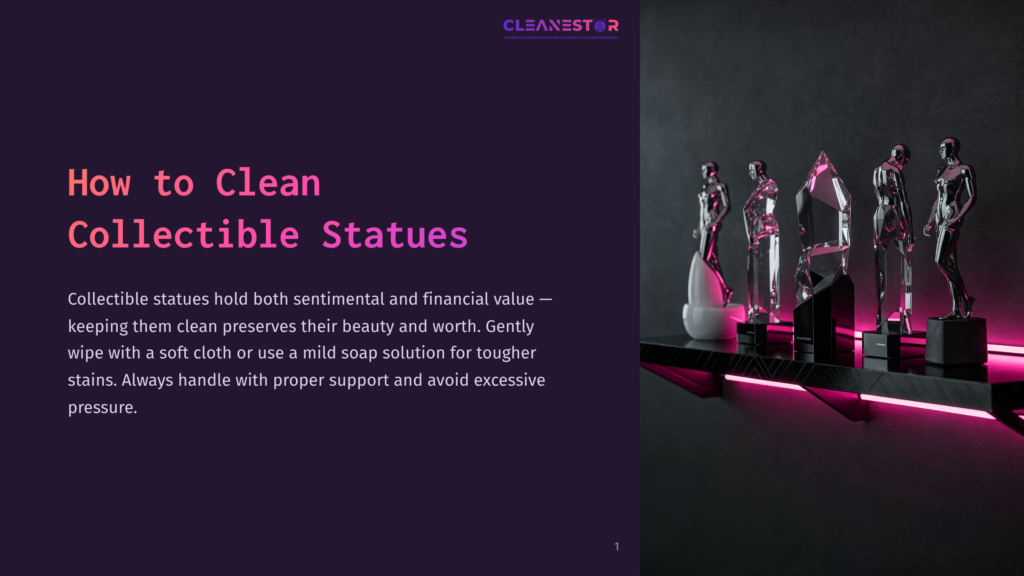 A Collection Of Modern, Gleaming Collectible Statues Displayed On A Dark Shelf With Vibrant Pink Neon Lighting. The Text &Quot;Cleanestor&Quot; Is Visible At The Top.
