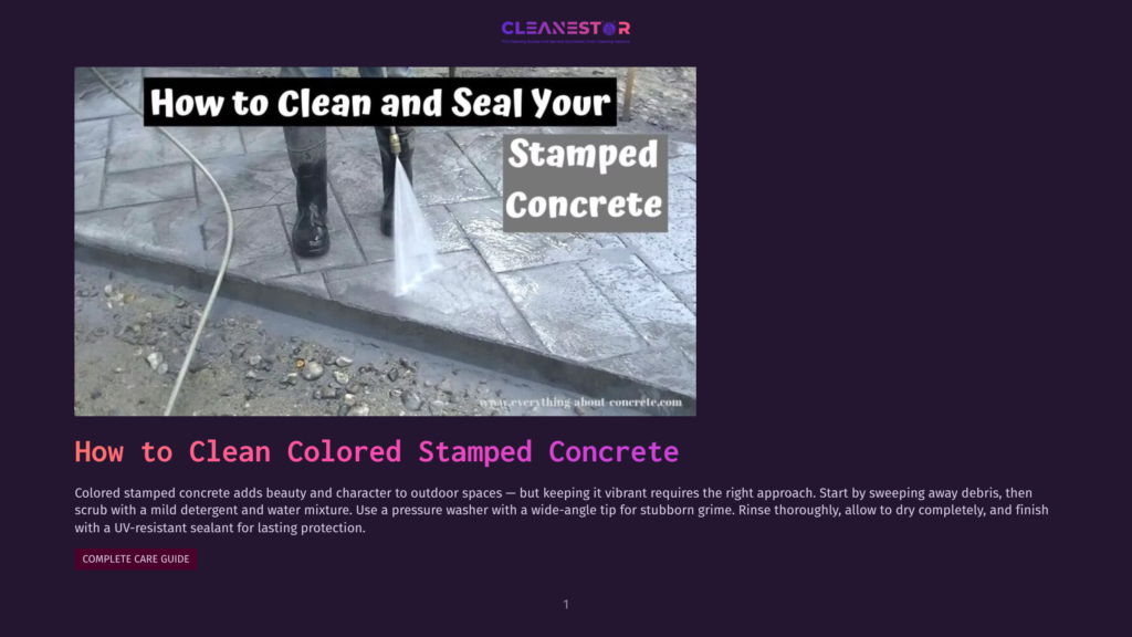 Close-Up Of A Pressure Washer Spraying Water Onto A Stamped Concrete Patio, With The Title &Quot;How To Clean And Seal Your Stamped Concrete&Quot; Visible.