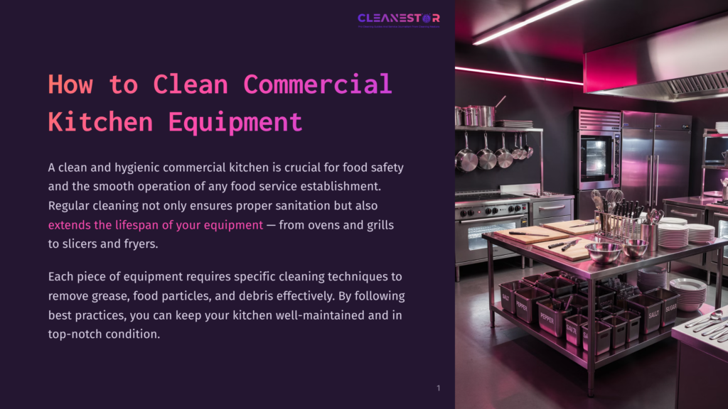 A Modern, Stainless Steel Commercial Kitchen With Bright Pink Lighting. Ovens, Refrigerators, And Cooking Equipment Are Neatly Arranged, With Utensils And Spice Containers On The Counter. Text Overlay Reads &Quot;Cleanestar How To Clean Commercial Kitchen Equipment&Quot;.