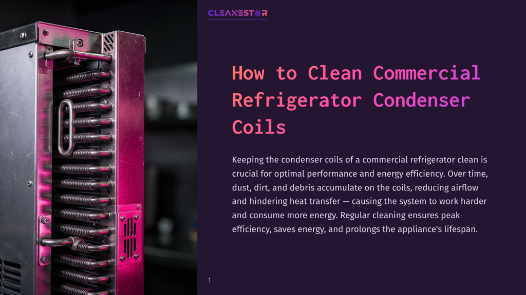 Close-Up Of A Commercial Refrigerator Condenser Coil System With A Metallic Sheen, Illuminated By Vibrant Pink And Purple Lighting, Against A Dark Background. The Text &Quot;Cleanestor&Quot; And &Quot;How To Clean Commercial Refrigerator Condenser Coils&Quot; Is Visible.