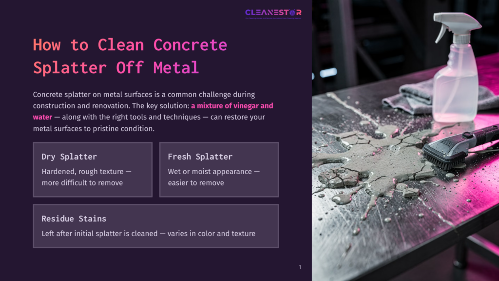 A Close-Up Shot Of A Metal Surface With Wet Concrete Splatter And A Cleaning Brush, With Text Overlay: &Quot;How To Clean Concrete Splatter Off Metal&Quot;.