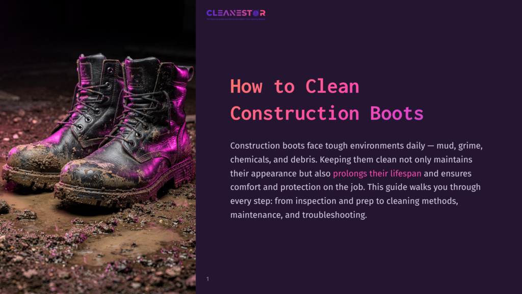 Dirty, Mud-Caked Black Construction Boots With Laces, Resting On Wet, Muddy Ground Under Purple Lighting.