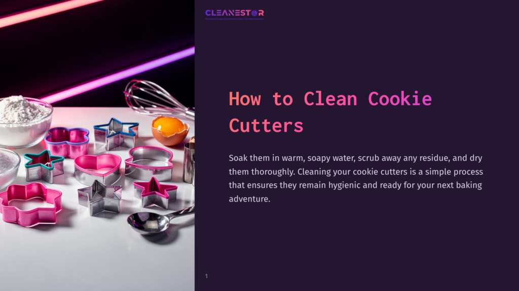 A Vibrant Image With Various Pink And Silver Cookie Cutters On A White Table. A Bowl Of Flour, An Egg, And A Whisk Are Also Present. The Text Reads &Quot;How To Clean Cookie Cutters&Quot; In Bold Pink Letters Against A Dark Background With Neon Lights.