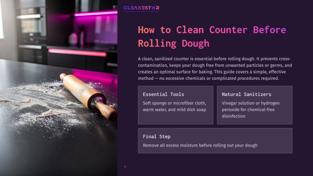 1 How To Clean Counter Before Rolling Dough A Wooden Rolling Pin Rests On A Dark Countertop Dusted With Flour, With A Modern Kitchen In The Background. Text Overlay Reads &Quot;Cleanestor How To Clean Counter Before Rolling Dough&Quot;.