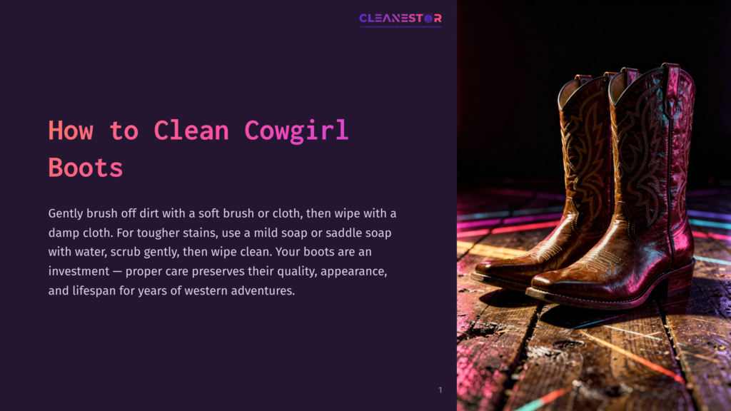 Close-Up Of Two Intricately Tooled Brown Leather Cowboy Boots On A Rustic Wooden Surface, With Colorful Neon Lights Reflecting On The Wood And Boots. Text Overlay Reads &Quot;Cleanestar&Quot; And &Quot;How To Clean Cowgirl Boots&Quot;.