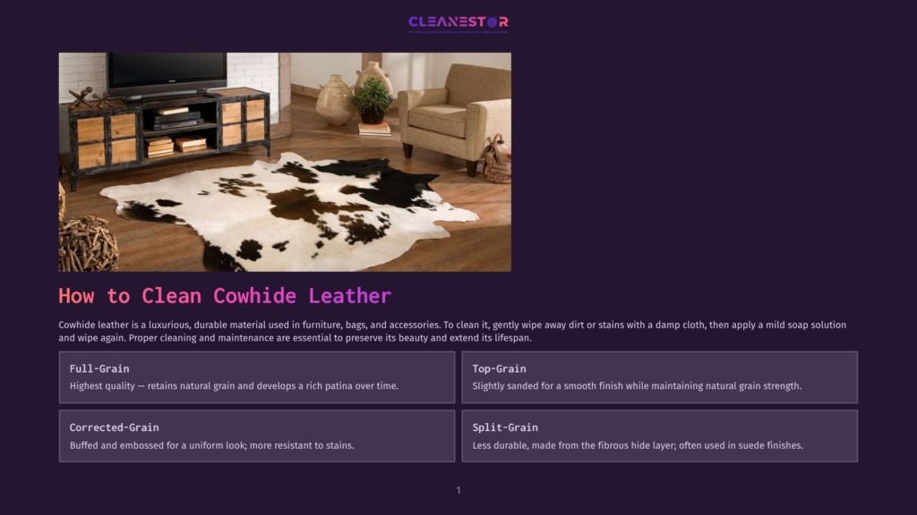 1 How To Clean Cowhide Leather A Living Room Scene Featuring A Cowhide Rug, Armchair, And Entertainment Center, With Text &Quot;How To Clean Cowhide Leather&Quot; Prominently Displayed.