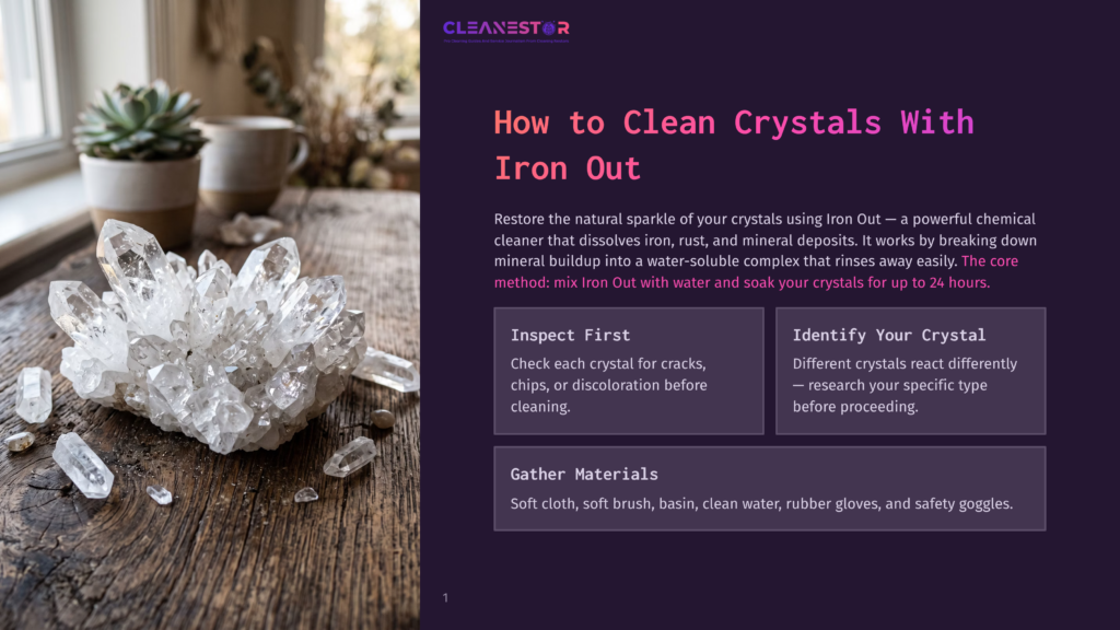 A Close-Up Of A Large, Clear Quartz Crystal Cluster On A Rustic Wooden Table, With A Soft-Focus Background Of A Window And A White Mug. The Text &Quot;Cleanestor&Quot; Is Visible In The Upper Right.