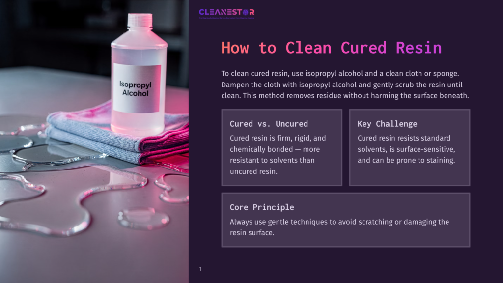 A Bottle Of Isopropyl Alcohol Sits On A Pink Cloth, With A Denim Cloth Beneath, And Various Clear Resin Pieces Around It. The Text Reads, &Quot;How To Clean Cured Resin.&Quot; The Image Provides Tips On Using Isopropyl Alcohol And A Clean Cloth To Clean Cured Resin Without Harming The Surface.