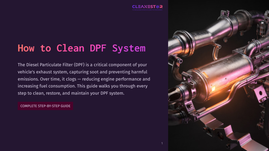 Close-Up Of A Shiny, Complex Exhaust System, Likely A Diesel Particulate Filter (Dpf) System, With Glowing Orange Elements, Set Against A Dark Background. &Quot;How To Clean Dpf System&Quot; Is Prominently Displayed.