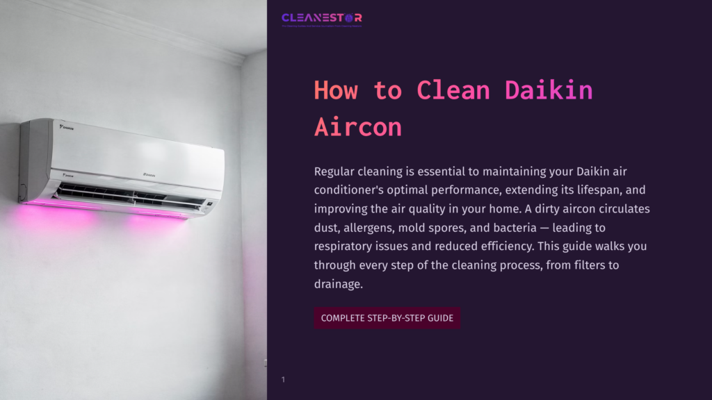A Clean Daikin Aircon Unit Mounted On A White Wall, With Pink Led Lights On The Bottom, Is Part Of A Blog Page That Explains How To Clean An Air Conditioner.