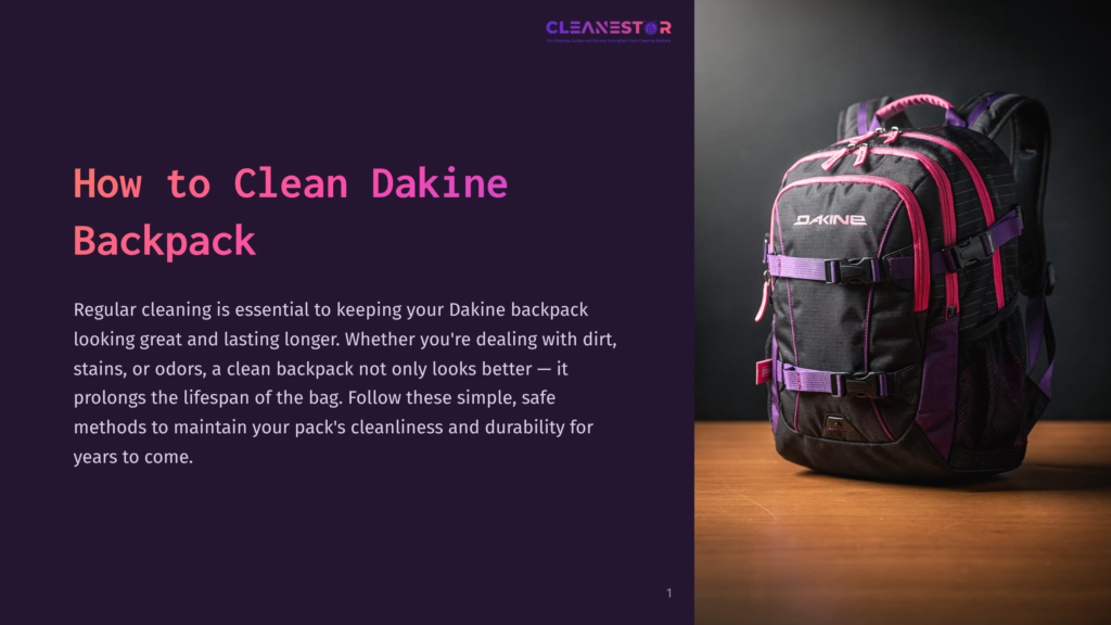 1 How To Clean Dakine Backpack A Black And Purple Dakine Backpack With Pink Accents Sits On A Wooden Surface. The Backpack Features Multiple Straps And Pockets, With The Dakine Logo Visible. The Text &Quot;How To Clean Dakine Backpack&Quot; Is Displayed On The Left.