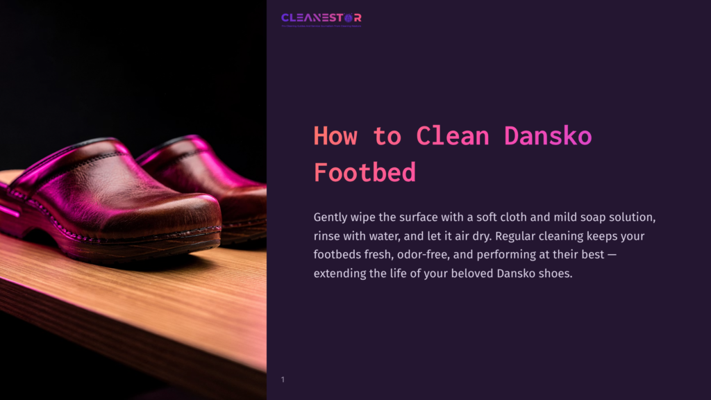 Close-Up Of Two Brown Leather Dansko Clogs On A Wooden Shelf, With Pink And Purple Lighting Highlighting The Shoes And The Text &Quot;How To Clean Dansko Footbed&Quot; Visible.