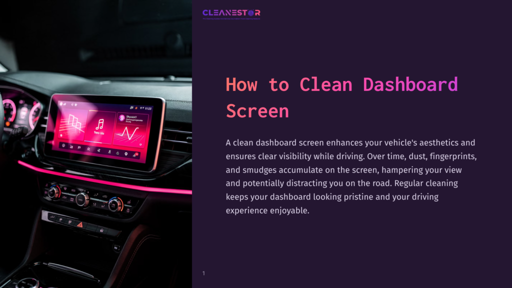 Modern Car Dashboard With A Large Touchscreen Display Showing Music And Navigation, Illuminated By Ambient Pink Lighting.