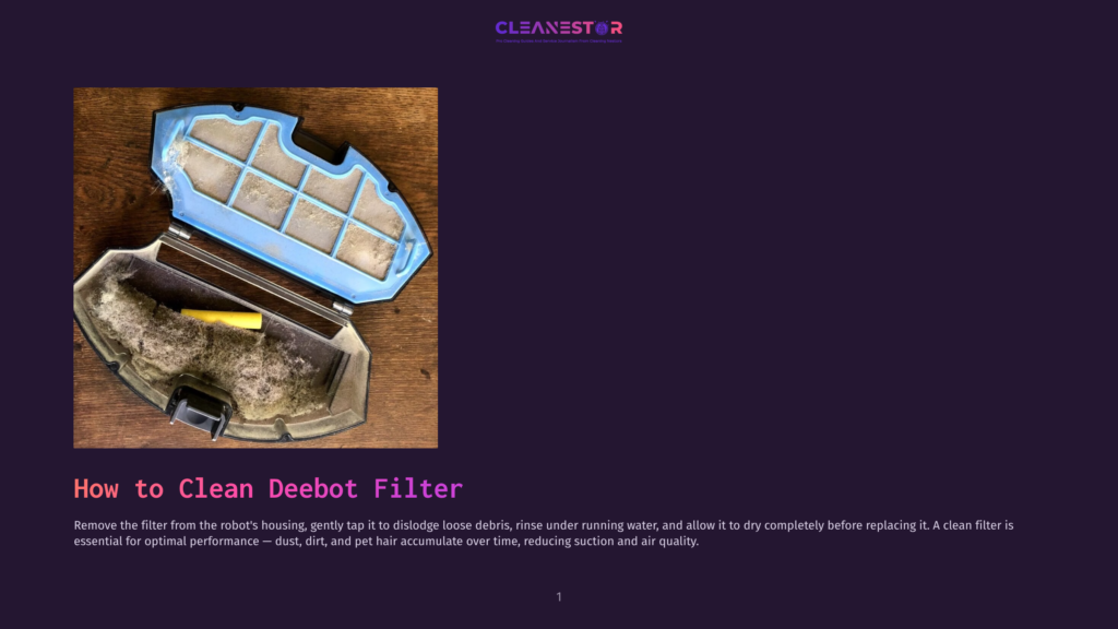 A Dirty Deebot Vacuum Filter Is Shown Removed From Its Housing, Filled With Dust, Dirt, And Pet Hair. The Deebot Filter Housing Is Open, Revealing The Clogged Filter Inside.