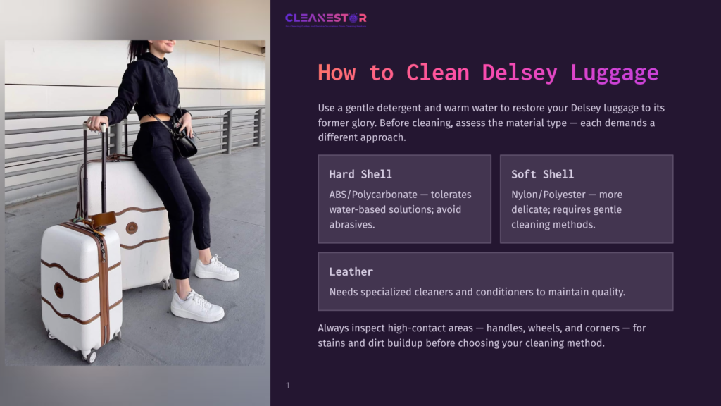 Woman In A Black Outfit With A White Delsey Luggage Set, Ready For Travel. The Image Includes Text About Cleaning Delsey Luggage.