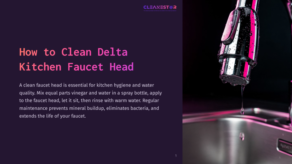 Close-Up Of A Shiny Chrome Delta Kitchen Faucet Head With Water Droplets, Dripping Water Into A Stainless Steel Sink. The Background Is Dark And Out Of Focus.