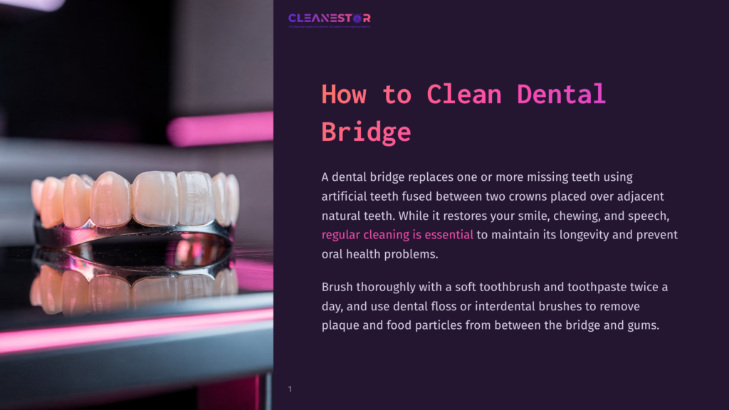 1 How To Clean Dental Bridge A Close-Up Of A Dental Bridge, Showing Artificial Teeth Fused Over A Metal Frame, With A Soft Focus Background Of Pink And Purple Lighting.