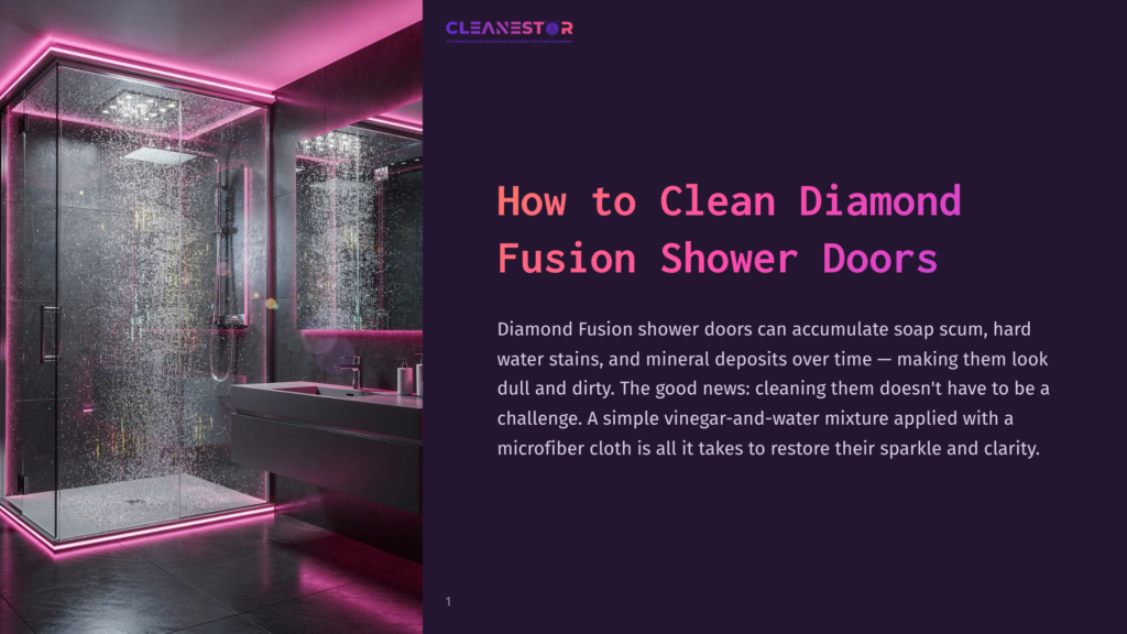 Modern Glass Shower Enclosure With Pink Led Lighting, Featuring Water Droplets And A Sleek Vanity. Text Overlay: &Quot;Cleanestor How To Clean Diamond Fusion Shower Doors&Quot;.