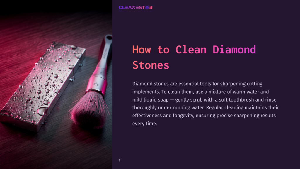 A Close-Up View Of A Diamond Stone And A Soft-Bristled Brush With Water Droplets On A Dark Wooden Surface. Text Overlay Reads, &Quot;How To Clean Diamond Stones.