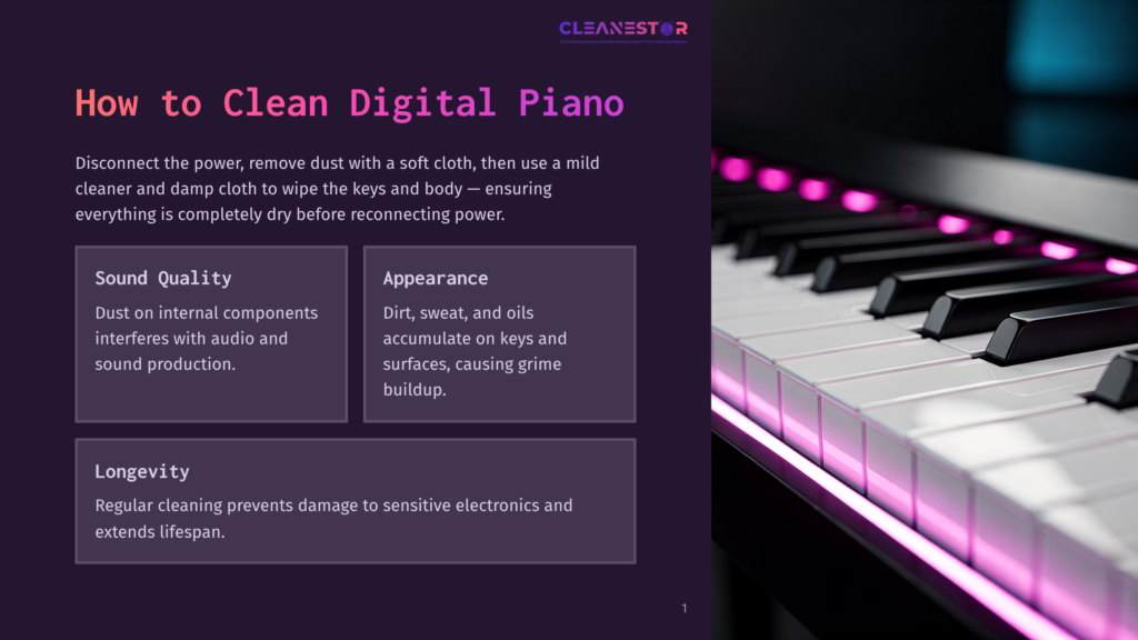 Close-Up Of A Black Digital Piano Keyboard With Illuminated Pink Lights Along The Keys, Set Against A Dark Background. Text Overlay Reads &Quot;How To Clean Digital Piano&Quot; And Provides Cleaning Tips.