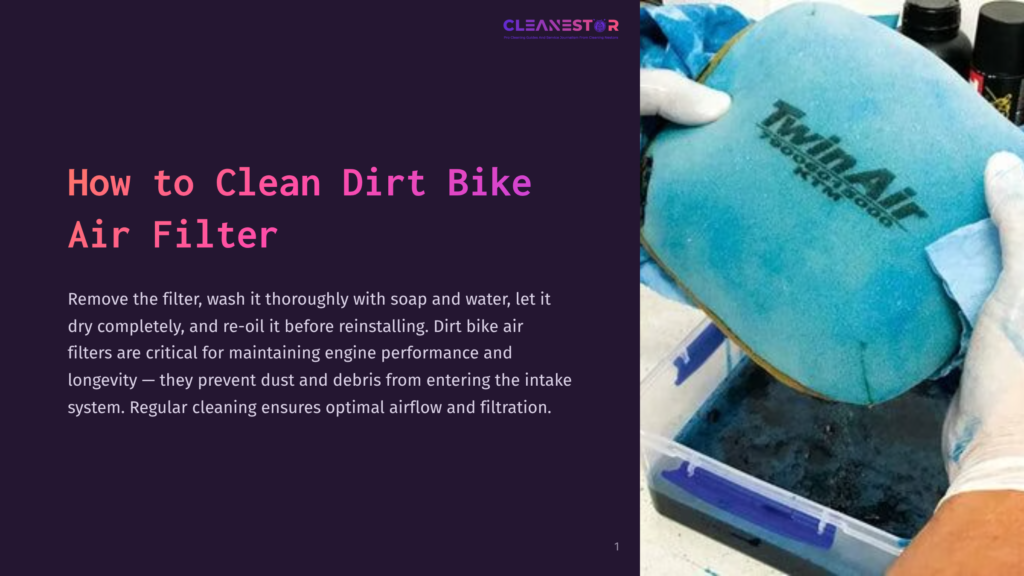 Hands In White Gloves Clean A Blue Twinair Dirt Bike Air Filter In A Tub Of Dark Cleaning Fluid.