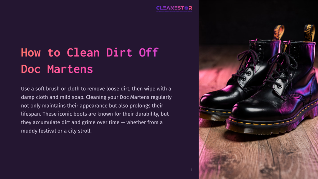 1 How To Clean Dirt Off Doc Martens Black Doc Martens Boots On A Wooden Surface With A Purple Background. The Caption Reads, &Quot;How To Clean Dirt Off Doc Martens&Quot;.