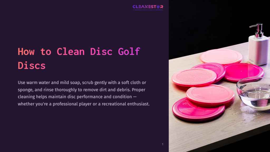 Several Colorful Disc Golf Discs In Shades Of Pink And Purple Are Arranged On A Wooden Surface Next To A Clear Bowl Of Water And A White Soap Dispenser. The Text &Quot;How To Clean Disc Golf Discs&Quot; Is Visible On The Left.