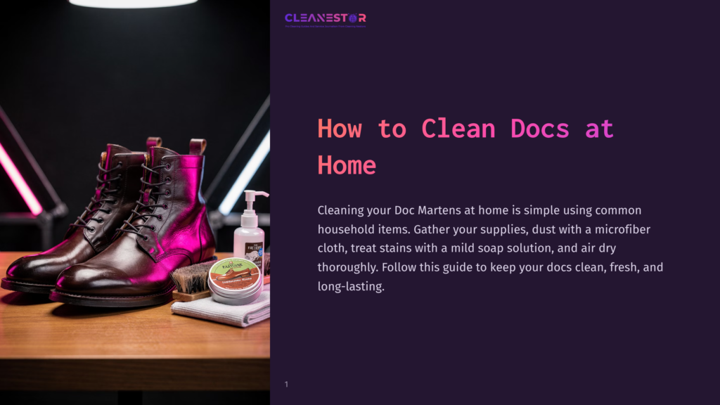 A Pair Of Rich Brown Leather Doc Martens Boots Sit On A Wooden Surface Next To A Cleaning Kit Including A Brush, Polish, And Spray Bottle. The Boots Are Displayed On The Left Side Of The Frame, With A Dark, Moody Background And Soft Pink And White Lighting.