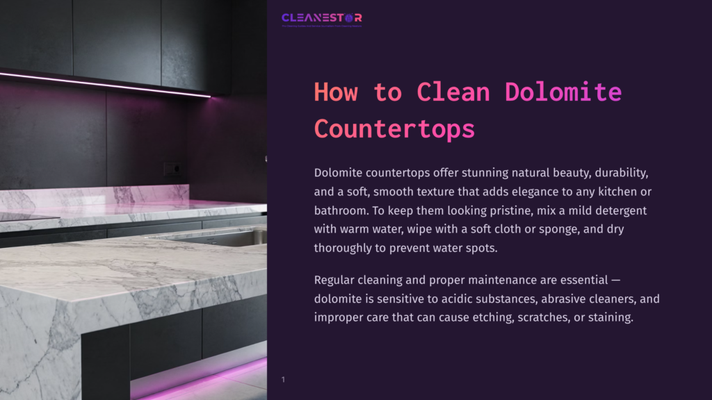 Modern Kitchen With Sleek, Dark Cabinets And Luxurious White Marble Countertops Featuring Subtle Veining. Pink Led Lighting Illuminates The Countertop Edges, Highlighting The Elegant Texture. The Text &Quot;Cleanestor&Quot; And &Quot;How To Clean Dolomite Countertops&Quot; Is Visible.