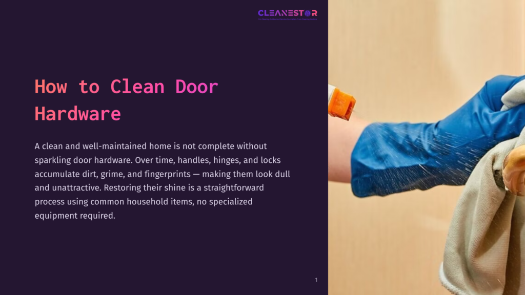 1 How To Clean Door Hardware Close-Up Of A Gloved Hand Cleaning A Door Handle With A Cloth. The Text &Quot;How To Clean Door Hardware&Quot; Is Visible On The Left.