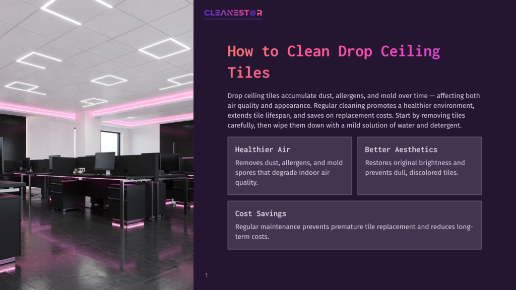 An Office With Sleek Black Furniture And Pink Lighting. A Sign Reads &Quot;How To Clean Drop Ceiling Tiles&Quot; At The Top. Below, Text Explains The Benefits Of Cleaning The Tiles, Including Healthier Air And Better Aesthetics.