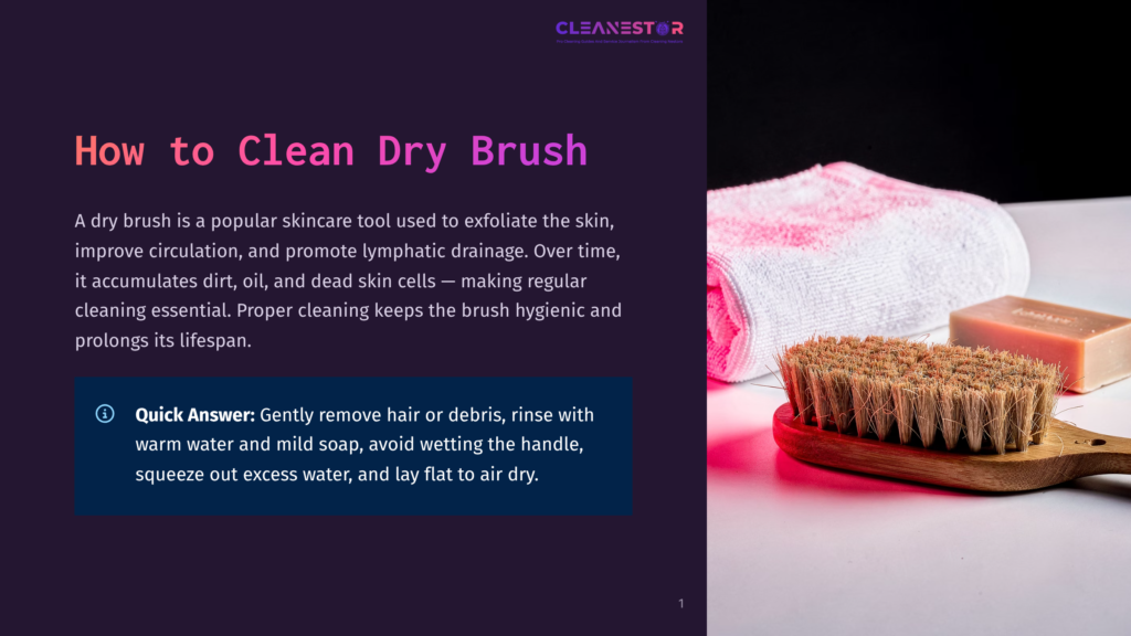 Dry Brush With Wooden Handle And Natural Bristles Next To A Pink-Edged White Towel And Bar Of Soap, On A Dark Background.