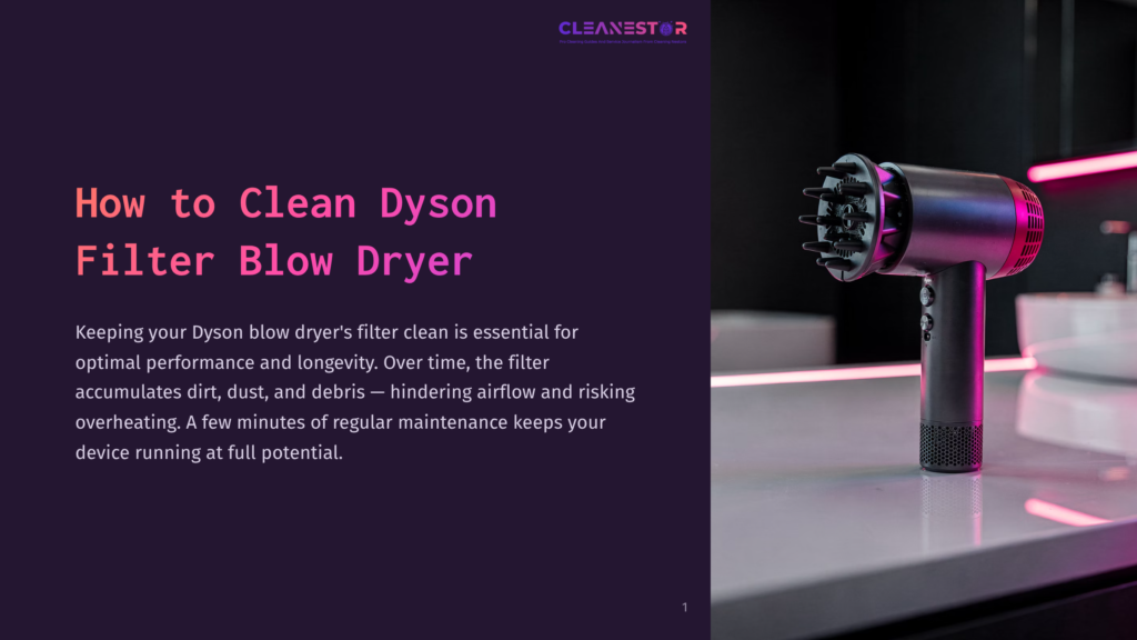 1 How To Clean Dyson Filter Blow Dryer A Black Dyson Hair Dryer With A Diffuser Attachment Rests On A Marble Countertop, With Neon Pink Lights Reflecting On The Surface. The Text &Quot;How To Clean Dyson Filter Blow Dryer&Quot; Is Displayed Prominently On The Left.