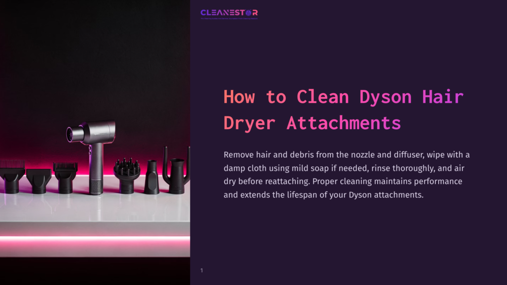 Cleanestor Logo And &Quot;How To Clean Dyson Hair Dryer Attachments&Quot; Text Above A Dyson Supersonic Hair Dryer With Multiple Attachments On A White Shelf With Pink Lighting.