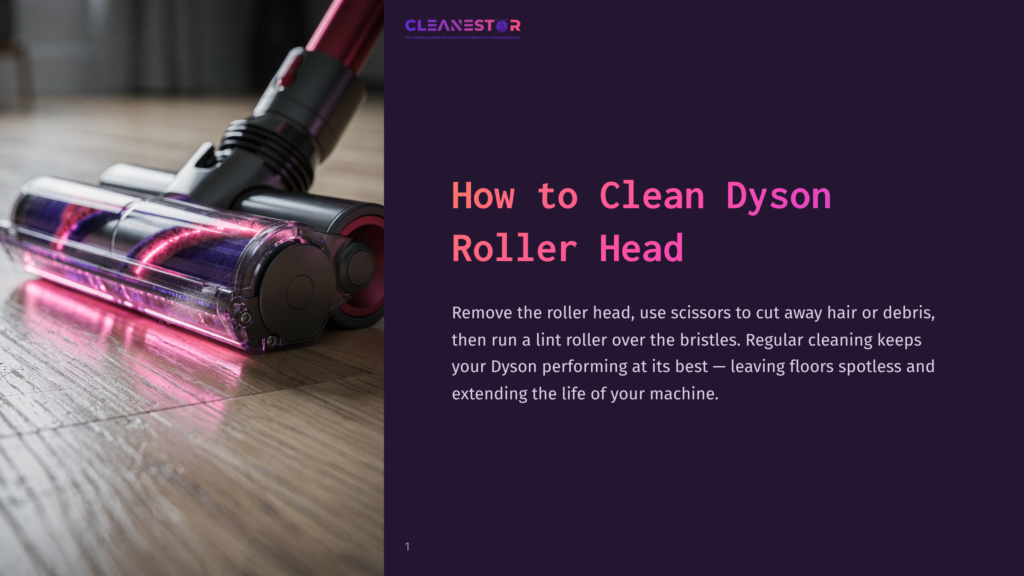 Close-Up Of A Dyson Vacuum Cleaner'S Illuminated Roller Head On A Wooden Floor, With Text &Quot;How To Clean Dyson Roller Head&Quot; Overlayed.