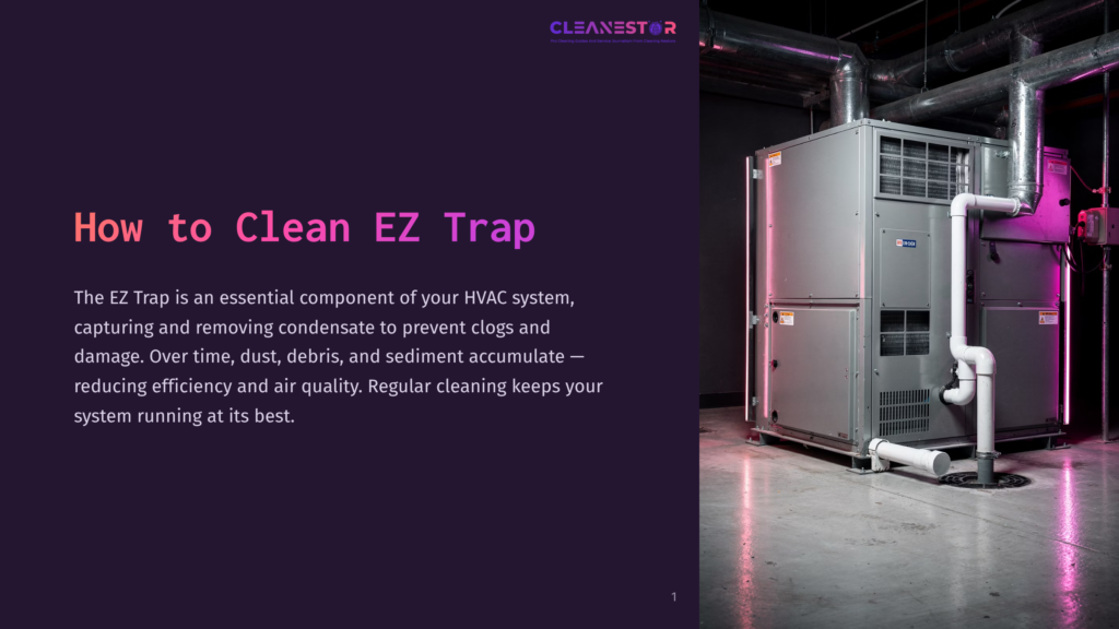 Large Commercial Hvac Unit With Pipes And Ductwork In A Dimly Lit Room, With Pink And Purple Lighting Highlighting The Equipment. &Quot;Cleanestor&Quot; Text Is Visible At The Top.