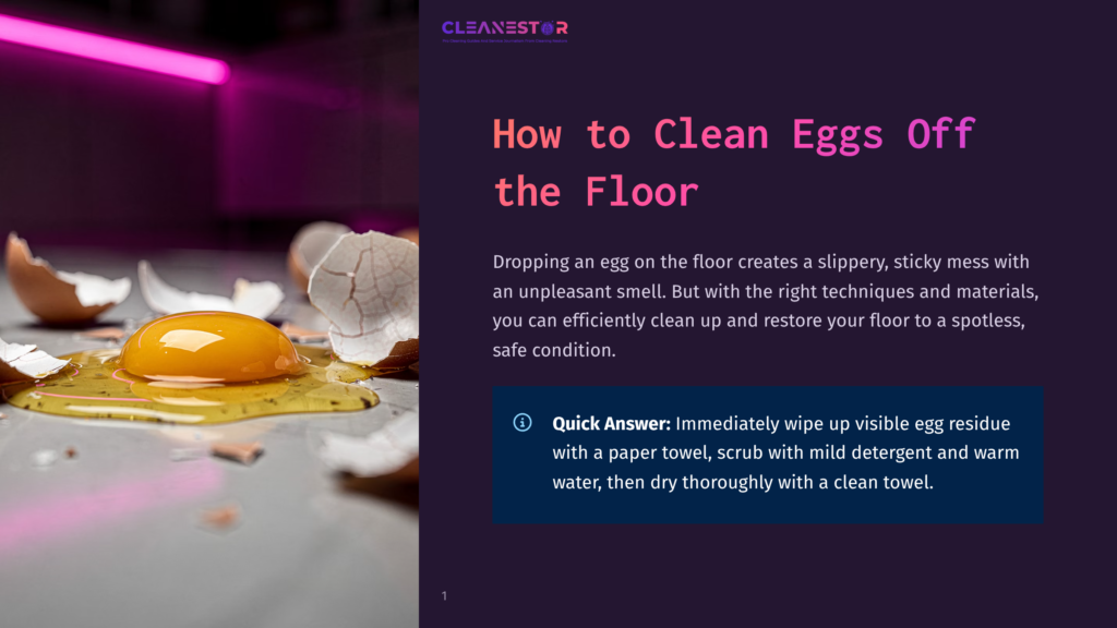 Close-Up Of A Broken Egg Yolk And Shell On A Shiny, Reflective Floor, Illustrating How To Clean Eggs Off The Floor.