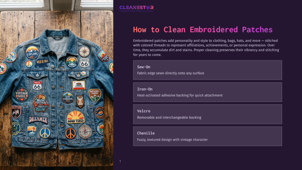 1 How To Clean Embroidered Patches A Denim Jacket Adorned With Numerous Colorful Embroidered Patches, Including &Quot;Explore,&Quot; &Quot;Wild &Amp; Free,&Quot; &Quot;Route 66,&Quot; &Quot;California,&Quot; And &Quot;Dreamer,&Quot; Is Laid Flat On A Rustic Wooden Surface.
