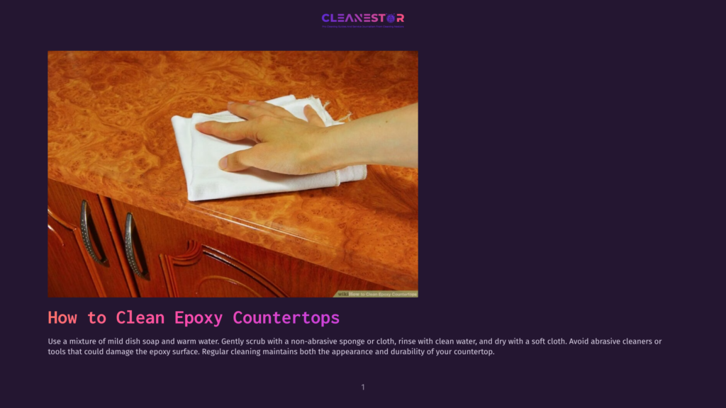 Close-Up Of A Hand Wiping A Shiny, Polished Epoxy Countertop With A White Cloth. The Countertop Has A Rich, Wood-Grain Pattern And Is Part Of A Cabinet With Ornate Silver Handles.