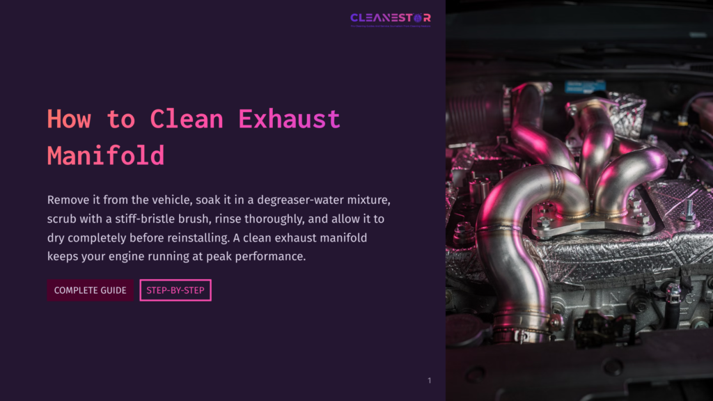 Close-Up Of A Shiny, Clean Exhaust Manifold In An Engine Bay, With Purple And Pink Lighting Highlighting The Polished Metal Tubes And Heat Shield. Text Overlay Reads &Quot;Cleanestor&Quot; And &Quot;How To Clean Exhaust Manifold.