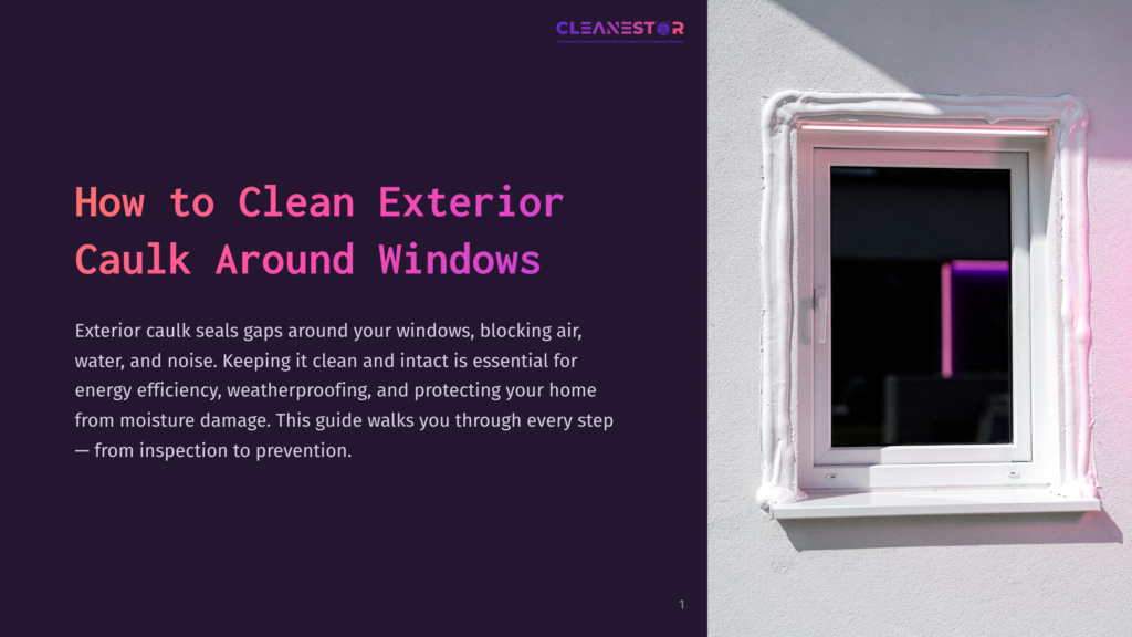 1 How To Clean Exterior Caulk Around Windows A White Window Frame Is Sealed With Thick, Pinkish Caulk On The Exterior Of A White Wall. The Text &Quot;Cleanestor&Quot; And &Quot;How To Clean Exterior Caulk Around Windows&Quot; Is Visible On A Dark Purple Background.