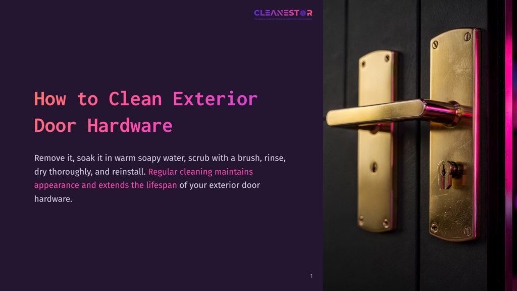 1 How To Clean Exterior Door Hardware Close-Up Of A Gleaming Brass Door Handle And Lock On A Dark Exterior Door, With A Pink Neon Light Reflecting On The Hardware.