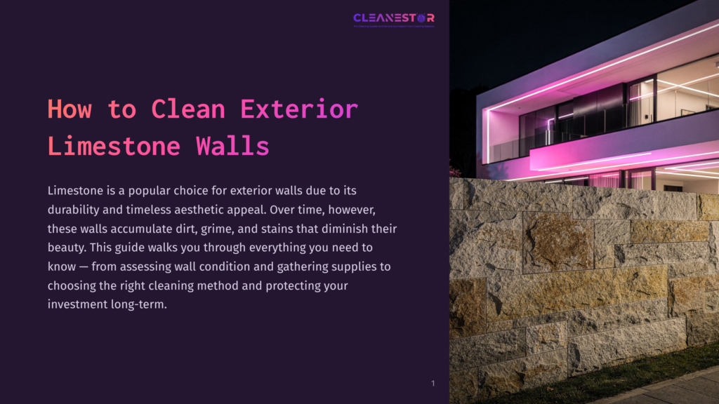 Modern House Exterior At Night With Illuminated Pink Lights On The Facade And A Textured Limestone Wall In The Foreground. The Text &Quot;How To Clean Exterior Limestone Walls&Quot; Is Visible.